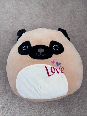 20” Squishmallows Pug Beige Plush Pillow with Love and Hearts Design